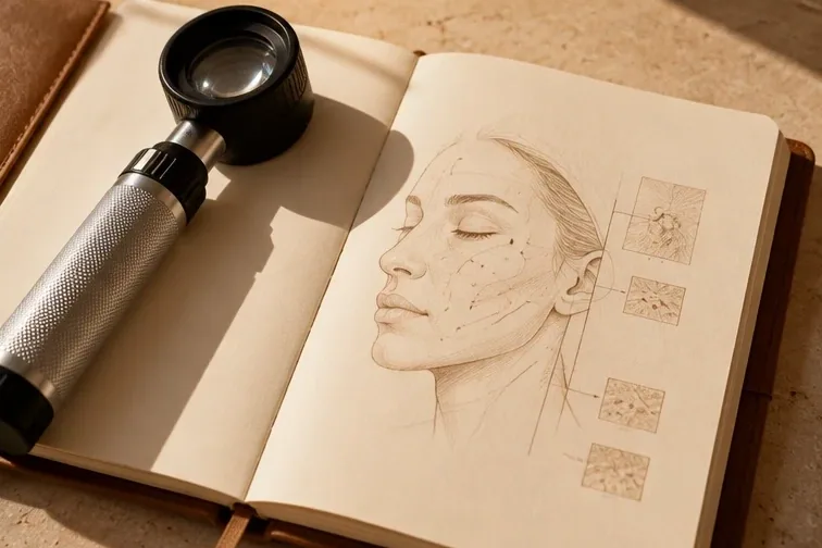 A physician's notebook beside a dermatoscope