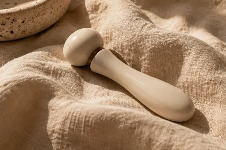 A ceramic cooling tool resting on linen