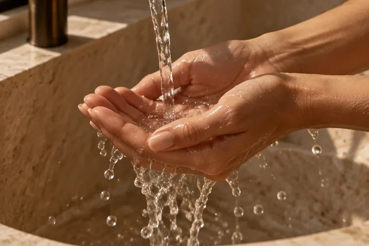 Hands cupped under running water