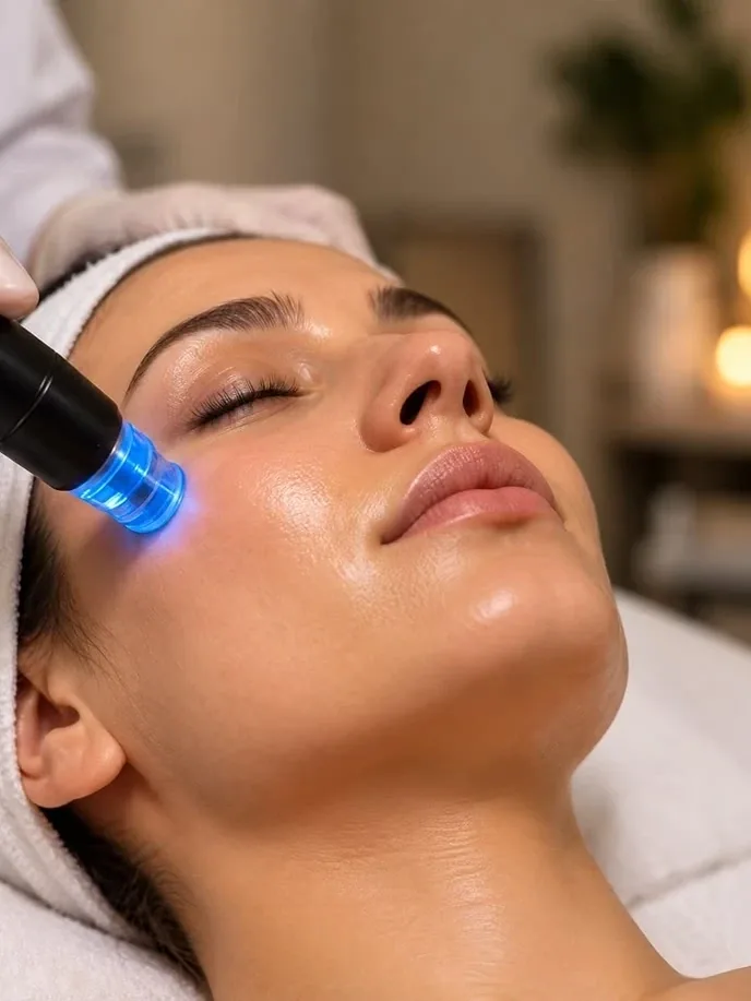 A blue-light device glides over a patient's cheek during a facial