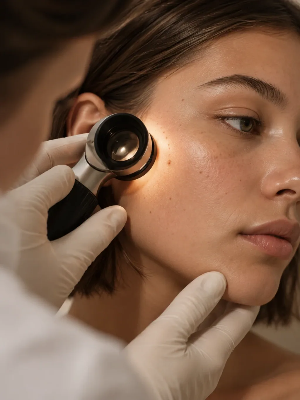 A doctor's gloved hands hold a dermatoscope against a patient's cheek