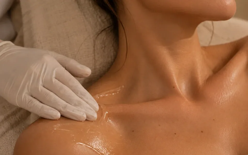 A gloved hand smooths gel over a collarbone