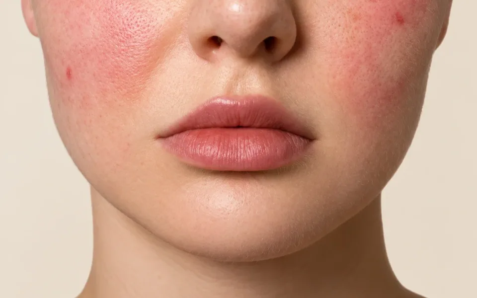 Close-up of cheeks flushed with rosacea